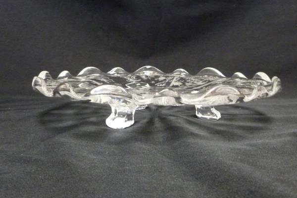 8" Fostoria Baroque Three Footed Upturned Scallop Edge Fleur de Lis Dish Overlay