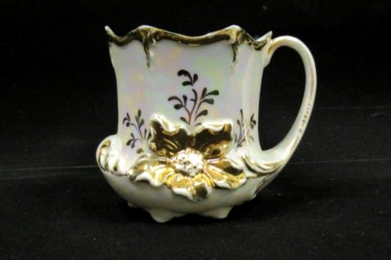 Vintage Opalescent Porcelain Footed Cup Gold Gild Embossed Flower And Trim