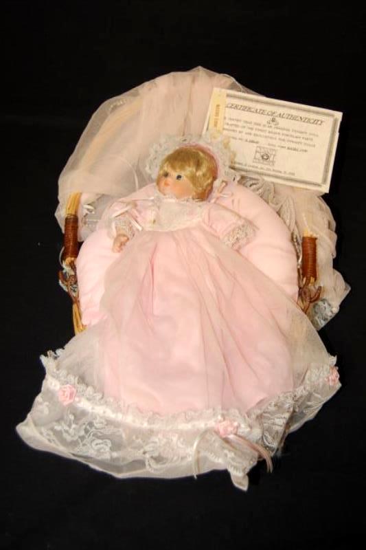 Dynasty Dolls Blessed Event Baby Girl Porcelain Doll Basket Bed Canopy Lace COA