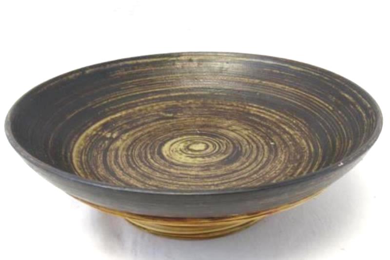 Handmade Ceramic Salad Or Fruit Bowl with Bamboo Overlay Brown 11.75 Inch