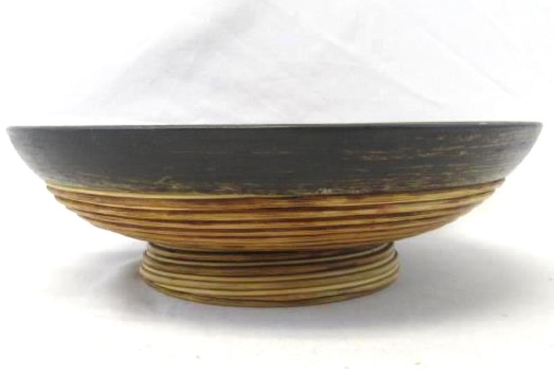 Handmade Ceramic Salad Or Fruit Bowl with Bamboo Overlay Brown 11.75 Inch