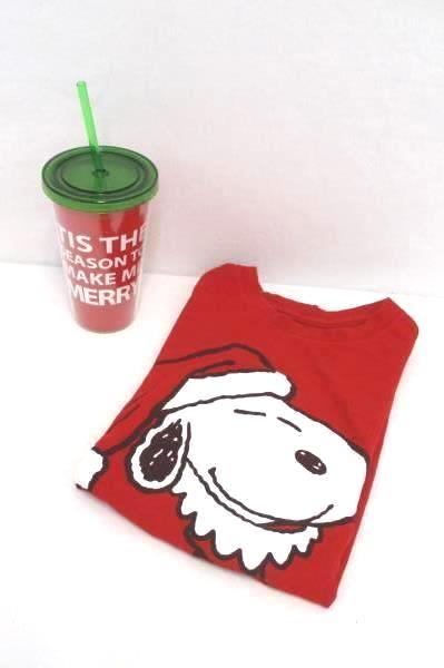 Peanuts Women's Small T-Shirt Snoopy As Santa Bonus Travel Cup Make Me Merry Lot
