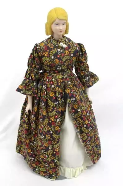 Vintage 17" Amy March Little Women Bisque China Doll Yield House w/ Metal Stand
