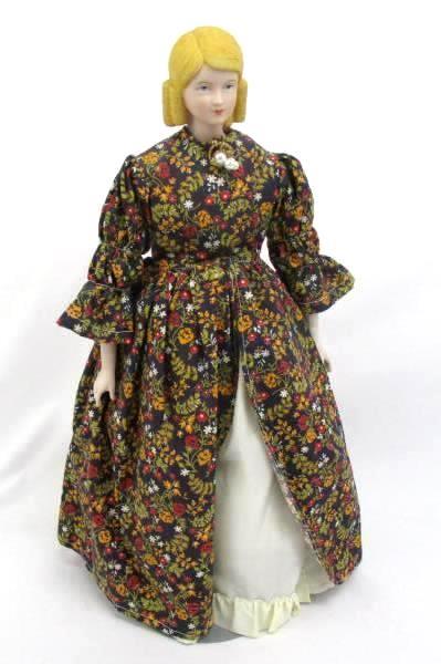 Vintage 17" Amy March Little Women Bisque China Doll Yield House w/ Metal Stand