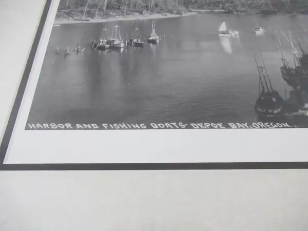 Framed Matted Black And White Photograph Depoe Bay Oregon Harbor Fishing Boats