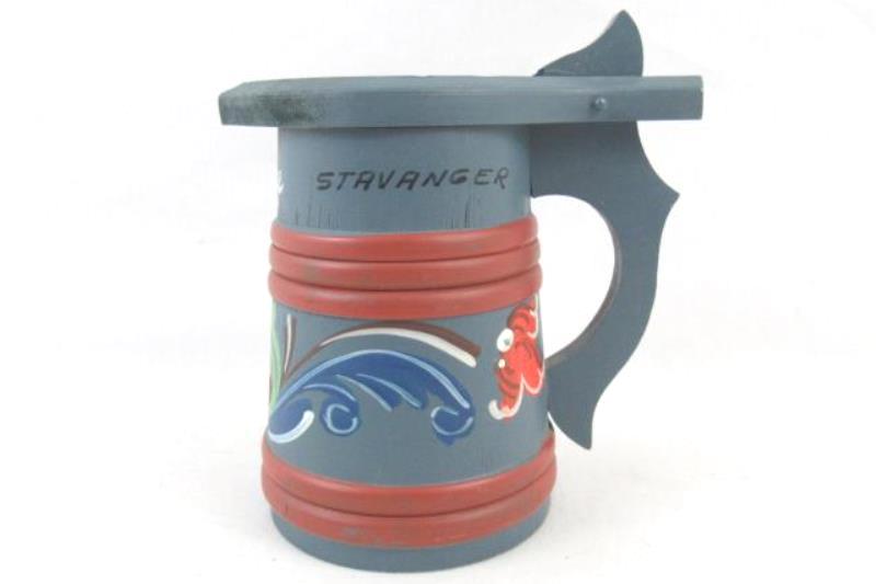Vintage Wooden Rosemaling Tankard Pitcher Blue Wood 4 Inch Stavanger Norway