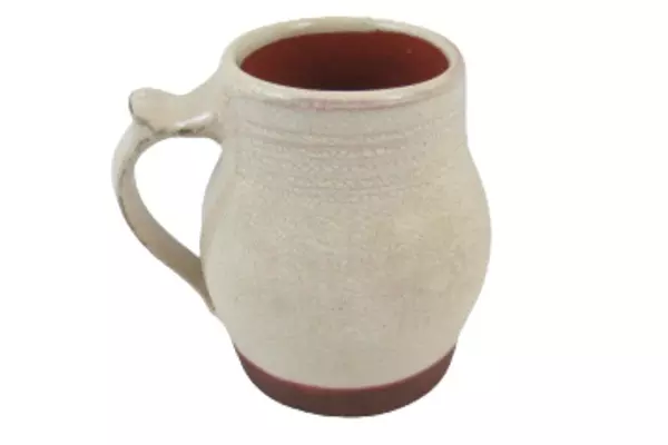 J & D Huntley Mug Cup Wisconsin Pottery Redware Folk Art Cream Glaze Rare