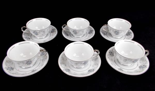 Fleurette by Empress #601 Set 6 Cups and Saucers Japan Blue Gray Roses Platinum