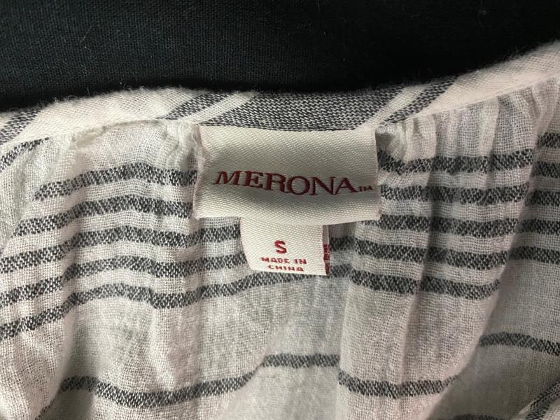 Merona 3/4 Sleeve Striped Shirt Drawstring Neckline Tassel Accents Women's Sz S