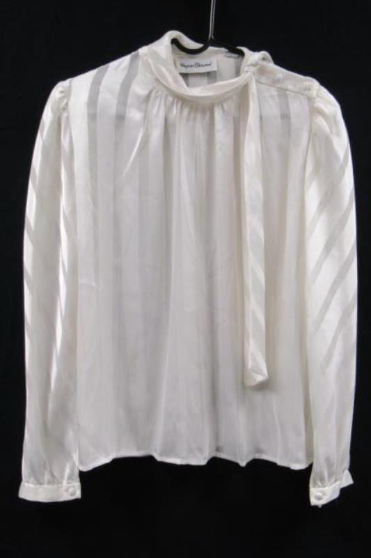 Vintage Nipon Blouse Women's Long Sleeve Top Size 6 White Chiffon Striped