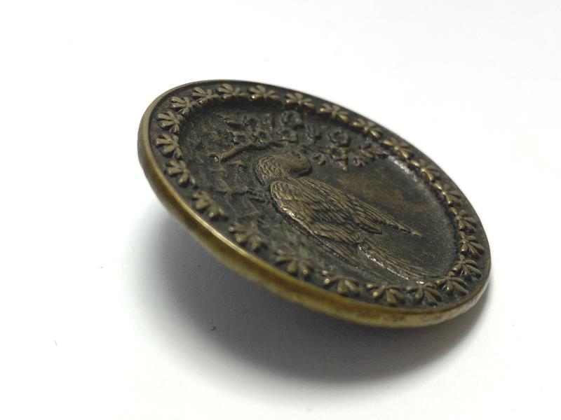Antique Brass Metal Shank Button Featuring A Dove And Flowers 1 3/8 Inch