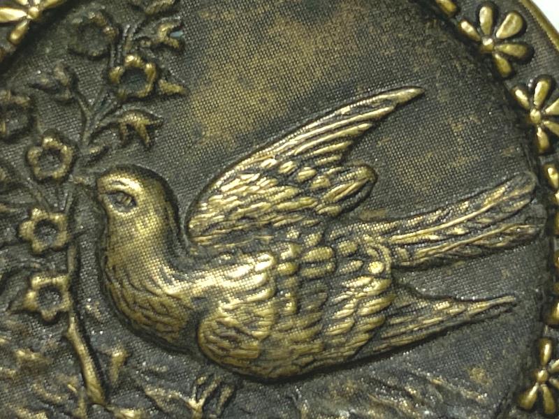Antique Brass Metal Shank Button Featuring A Dove And Flowers 1 3/8 Inch