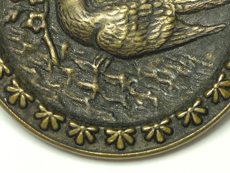 Antique Brass Metal Shank Button Featuring A Dove And Flowers 1 3/8 Inch