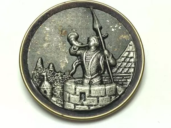 Antique Brass Pewter Shank Button Guard On Castle Tower Blowing Horn 1.5 Inch