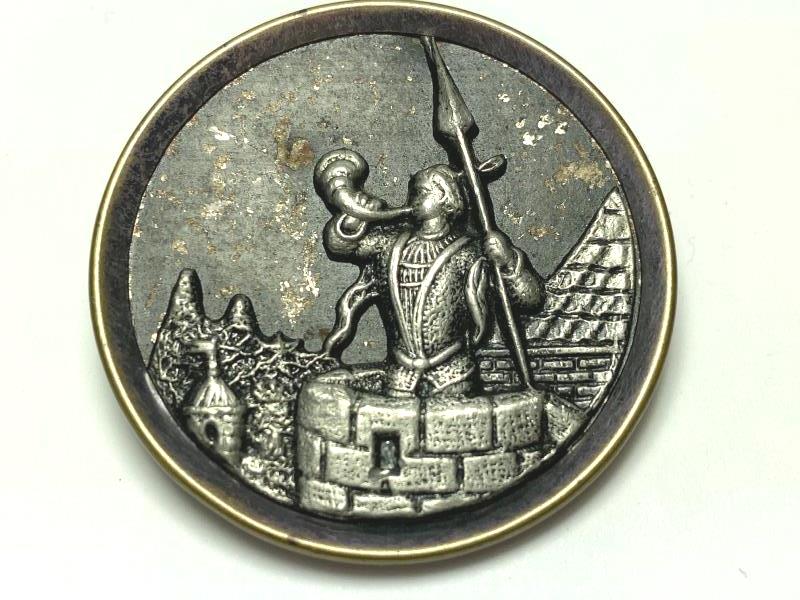 Antique Brass Pewter Shank Button Guard On Castle Tower Blowing Horn 1.5 Inch