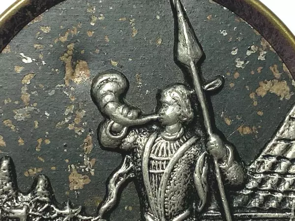 Antique Brass Pewter Shank Button Guard On Castle Tower Blowing Horn 1.5 Inch