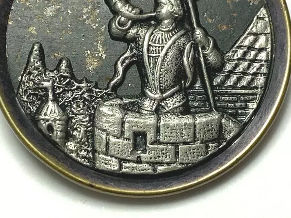 Antique Brass Pewter Shank Button Guard On Castle Tower Blowing Horn 1.5 Inch