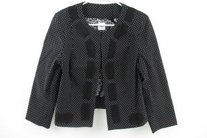 Cabi Open Front Dot Jacket Women's Size 10 Black White Woven Chiffon Trim 5156