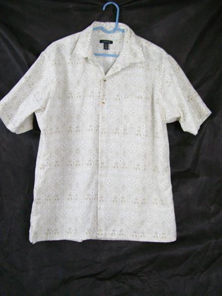 Van Heusen Men's Tan White Shapes Dress Shirt Short Sleeve Button Up Size L/G