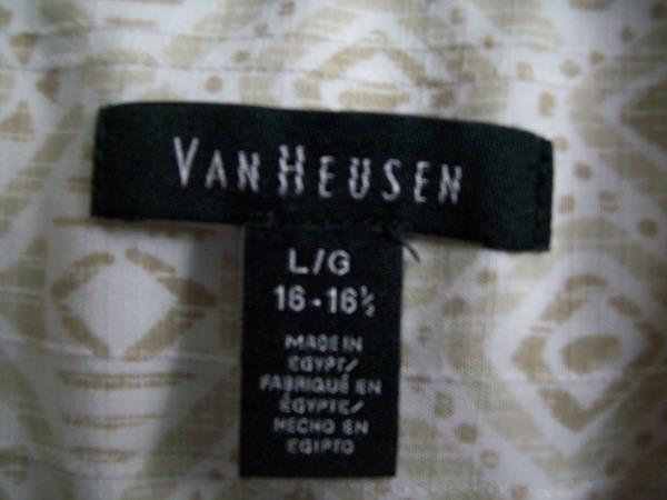 Van Heusen Men's Tan White Shapes Dress Shirt Short Sleeve Button Up Size L/G