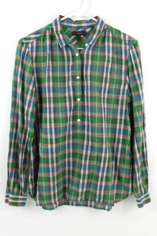 J.Crew Plaid Long Sleeve Top Women's Size 4 Green Plaid 3 Button Collared