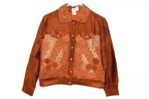 Coldwater Creek Sateen Button Front Jacket Women's Sz S Rust Embroidered Beaded