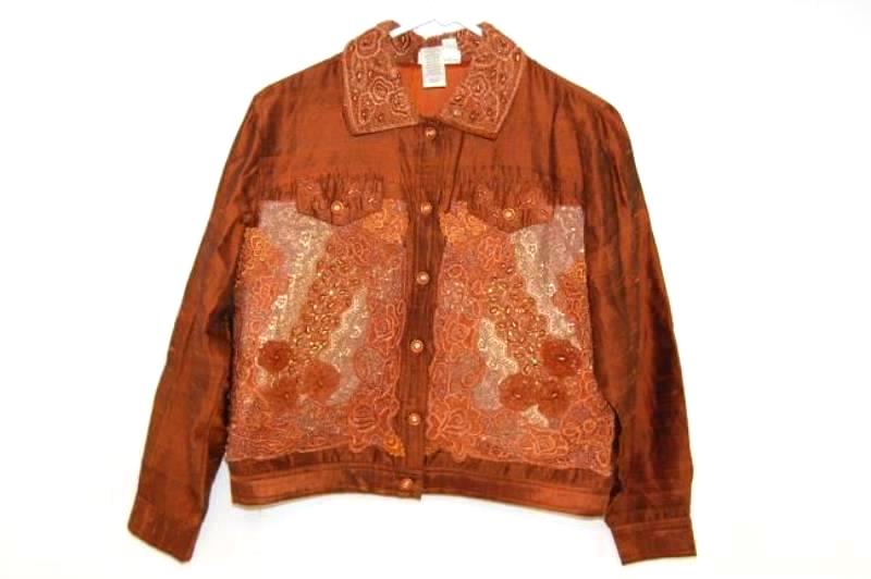 Coldwater Creek Sateen Button Front Jacket Women's Sz S Rust Embroidered Beaded