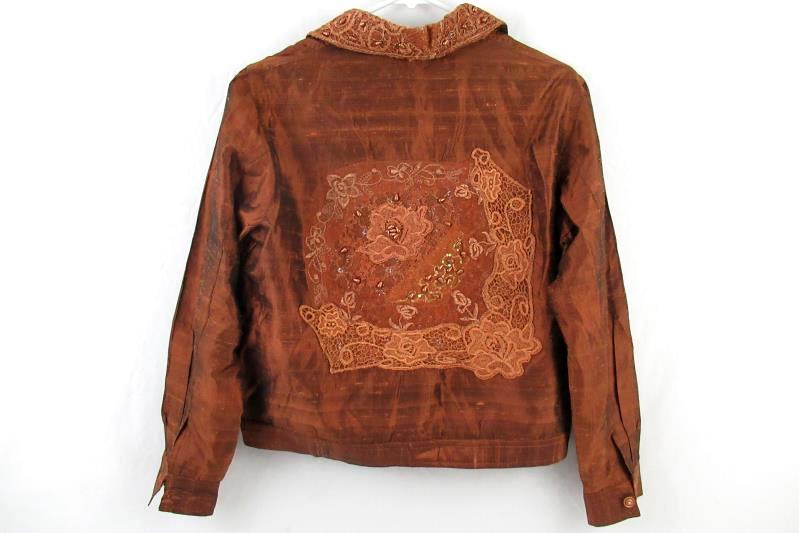 Coldwater Creek Sateen Button Front Jacket Women's Sz S Rust Embroidered Beaded
