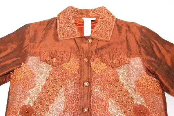 Coldwater Creek Sateen Button Front Jacket Women's Sz S Rust Embroidered Beaded