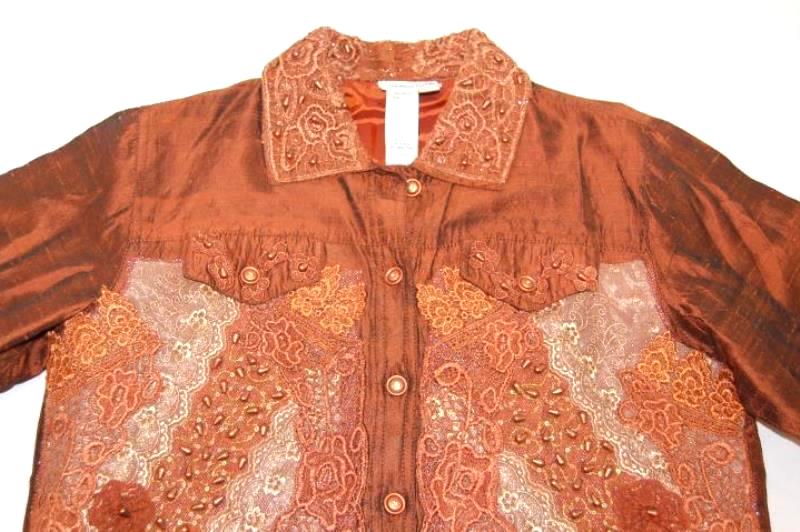 Coldwater Creek Sateen Button Front Jacket Women's Sz S Rust Embroidered Beaded