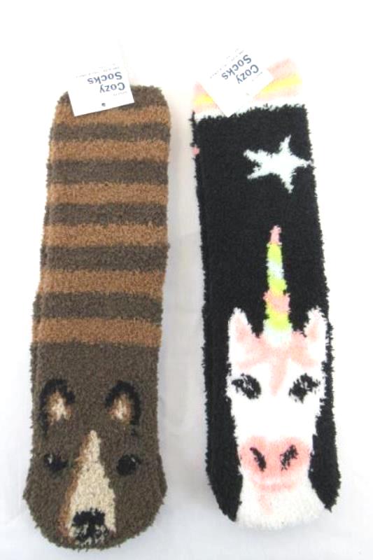 Lot of 2 Adults Cozy Socks One Size Unicorn Kangaroo Fleece Fuzzy