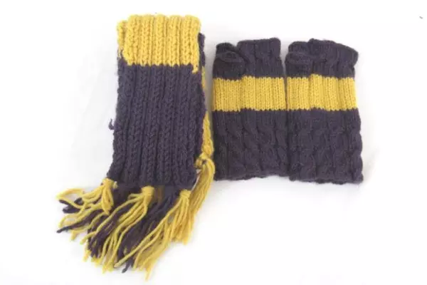 Knit Scarf And Finger Less Glove Set Purple Mustard Striped Fringe