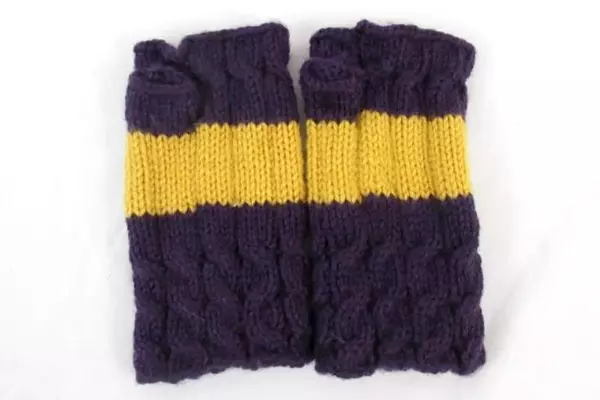 Knit Scarf And Finger Less Glove Set Purple Mustard Striped Fringe
