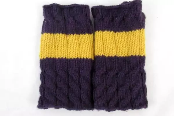 Knit Scarf And Finger Less Glove Set Purple Mustard Striped Fringe