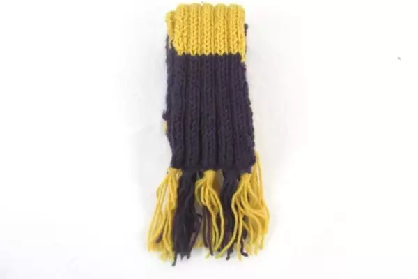 Knit Scarf And Finger Less Glove Set Purple Mustard Striped Fringe