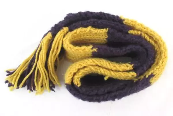 Knit Scarf And Finger Less Glove Set Purple Mustard Striped Fringe