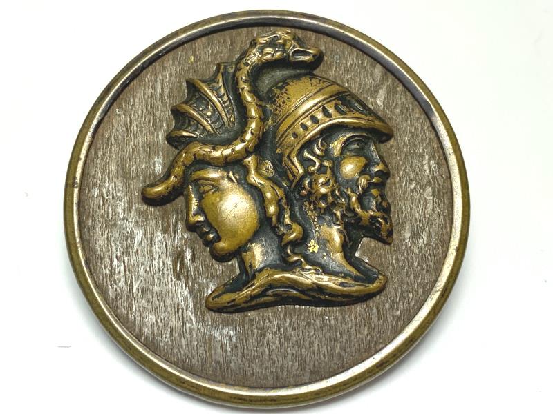 Vintage Brass Shank Button Back to Back Greco-Roman Soldiers Dragon 1.5 inch