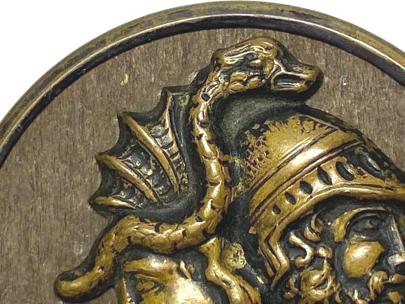 Vintage Brass Shank Button Back to Back Greco-Roman Soldiers Dragon 1.5 inch