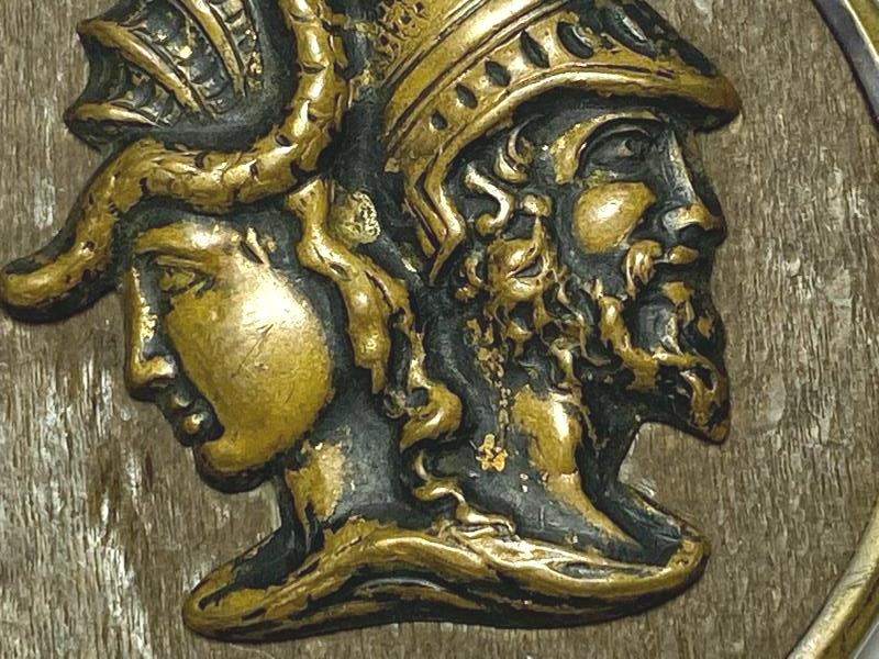 Vintage Brass Shank Button Back to Back Greco-Roman Soldiers Dragon 1.5 inch