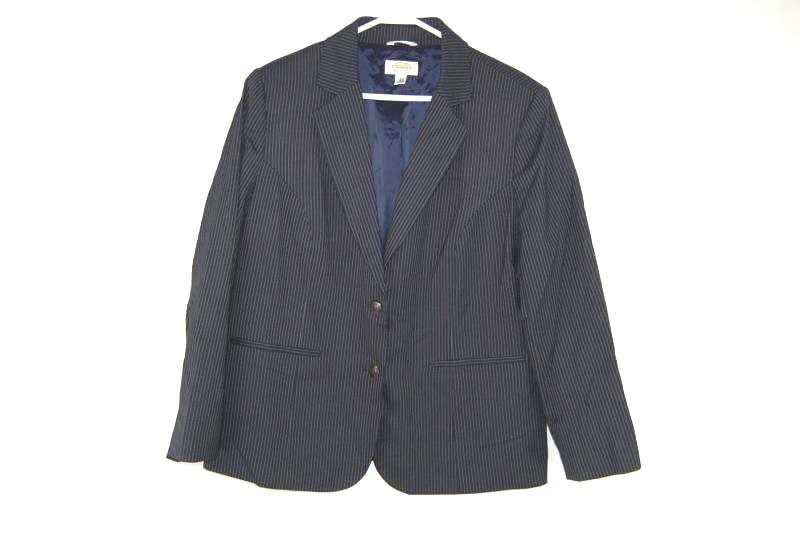 Vintage Talbots Woman's Suit Jacket Size 12W Blue Grey Striped Shoulder Pads
