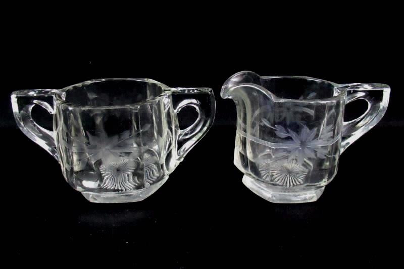 Heavy Hexagon Shaped Crystal Creamer and Sugar Bowl Set Etched Flower Design