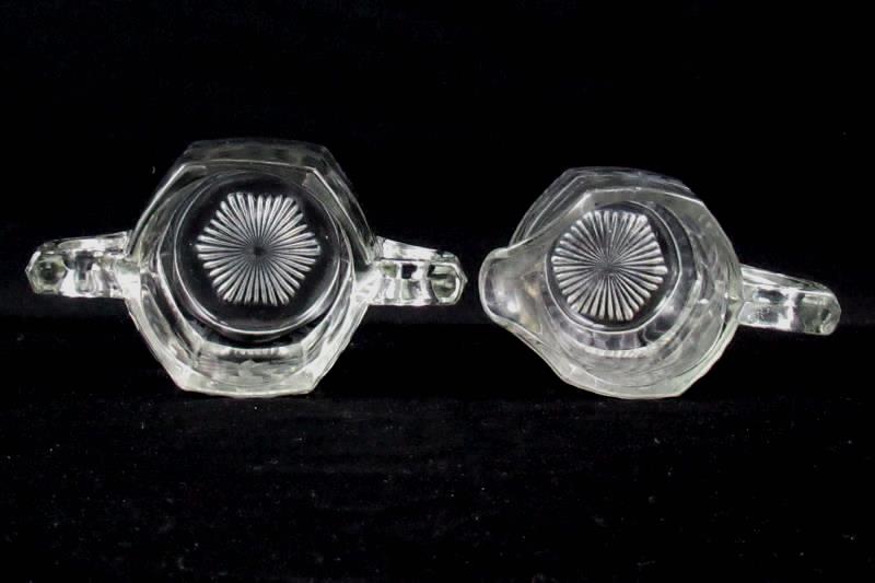 Heavy Hexagon Shaped Crystal Creamer and Sugar Bowl Set Etched Flower Design