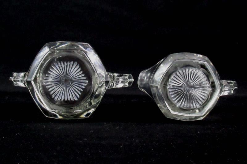 Heavy Hexagon Shaped Crystal Creamer and Sugar Bowl Set Etched Flower Design