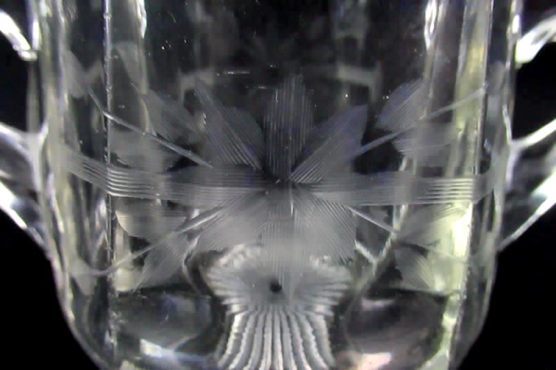 Heavy Hexagon Shaped Crystal Creamer and Sugar Bowl Set Etched Flower Design