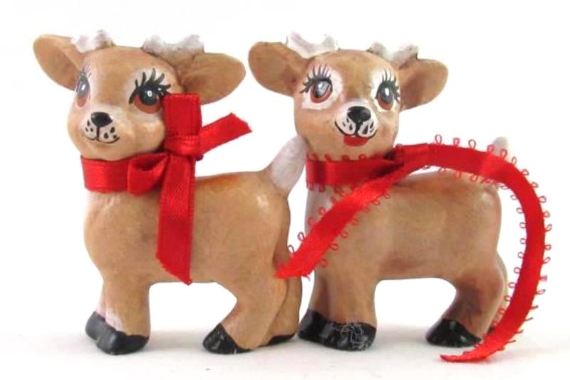 Lot of 2 Ceramic Reindeer Christmas Ornaments 2.75" Tall Decoration
