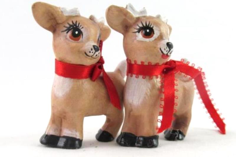 Lot of 2 Ceramic Reindeer Christmas Ornaments 2.75" Tall Decoration