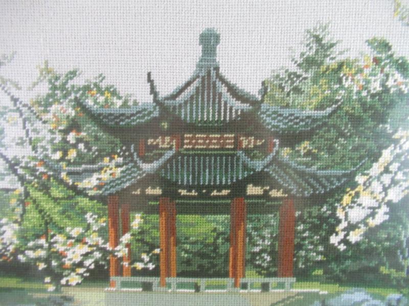 1985 Framed Chinese Needlepoint Complete Embroidery China Scene Art Piece