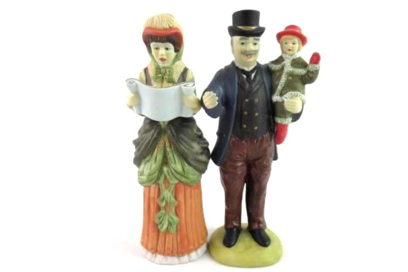 Lot of 2 Tall Christmas Village Figurines Man Holding Child Woman Caroler 7.75in
