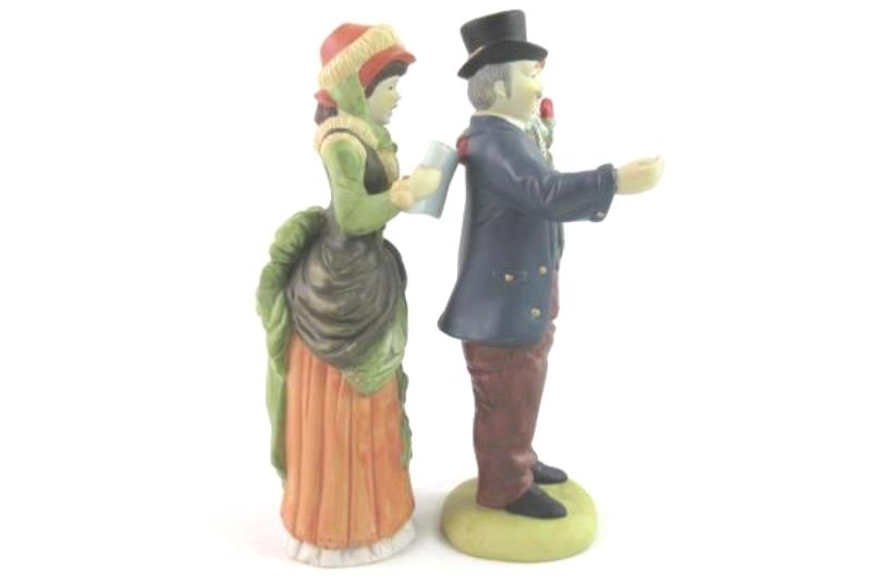 Lot of 2 Tall Christmas Village Figurines Man Holding Child Woman Caroler 7.75in