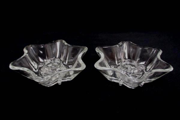2 Vintage 6 Rounded Point Star or Flower Clear Glass Candle Holder w/ Ball Feet